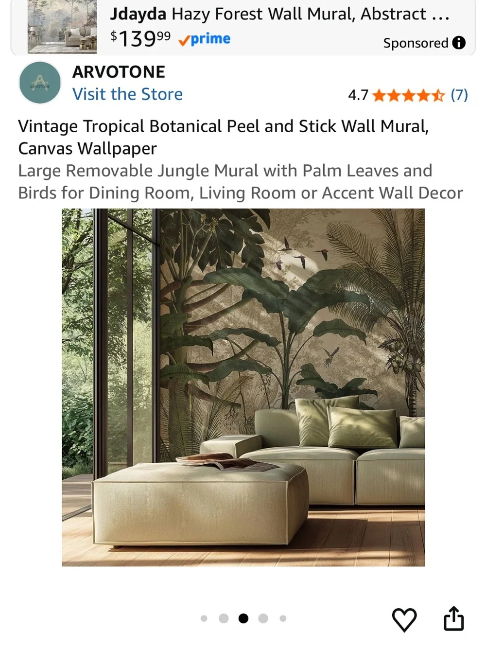 Brand New in Box Vintage Tropical Green Botanical Peel-and-Stick Wall Mural